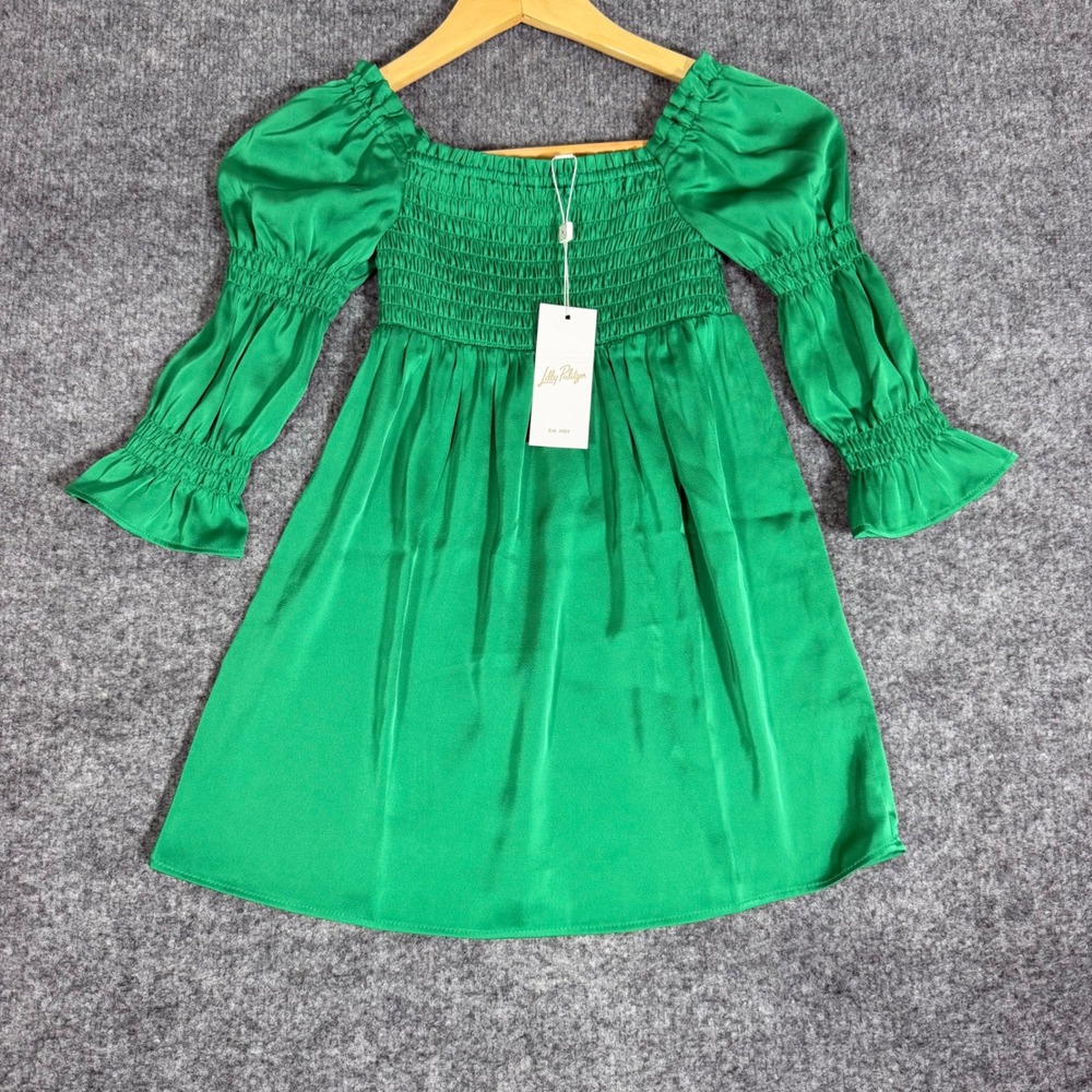 Lilly Pulitzer Mini Beyonca Dress Smocked Puff Sleeve Girls S 4-5 Green Satin